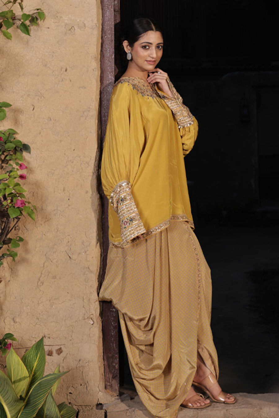 Gold-Mustard Embellished Kaftan & Dhoti Set