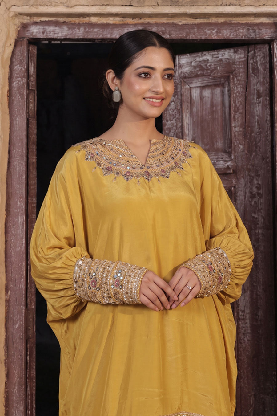 Gold-Mustard Embellished Kaftan & Dhoti Set
