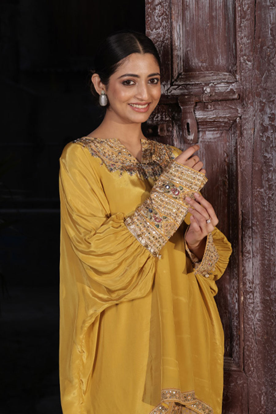 Gold-Mustard Embellished Kaftan & Dhoti Set