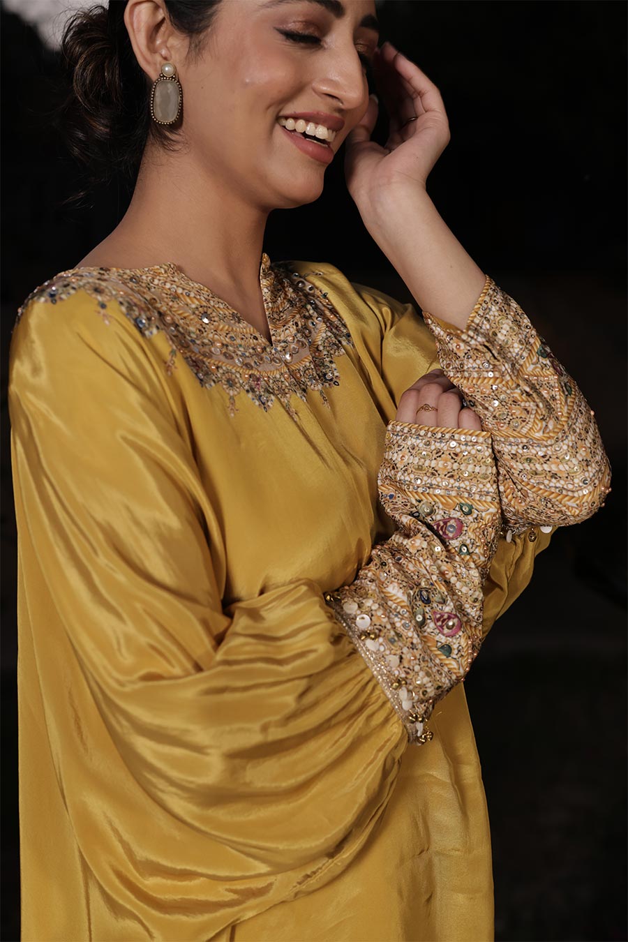 Gold-Mustard Embellished Kaftan & Dhoti Set