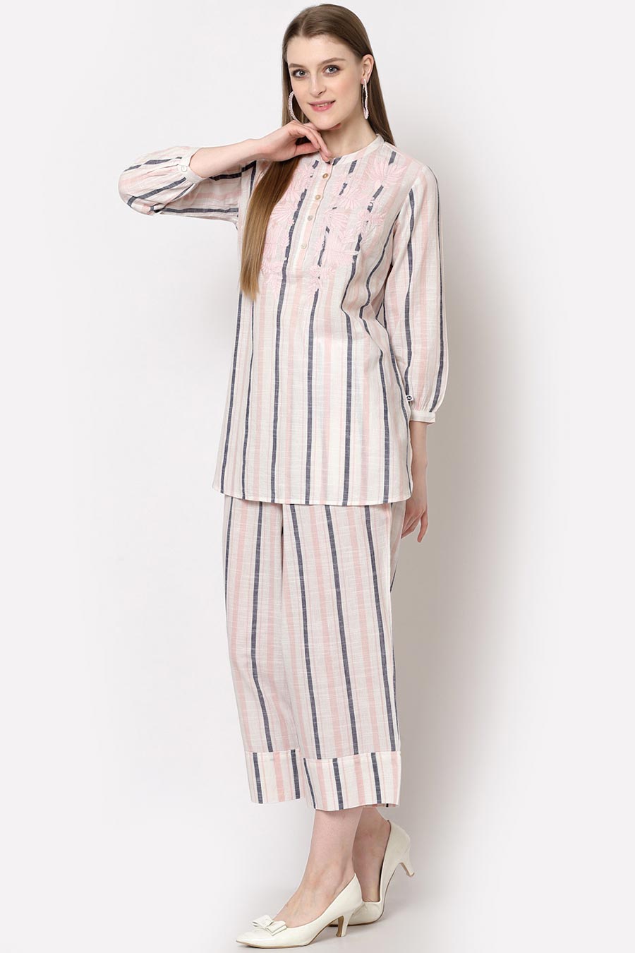 Pink Embroidered Striped Co-Ord Set