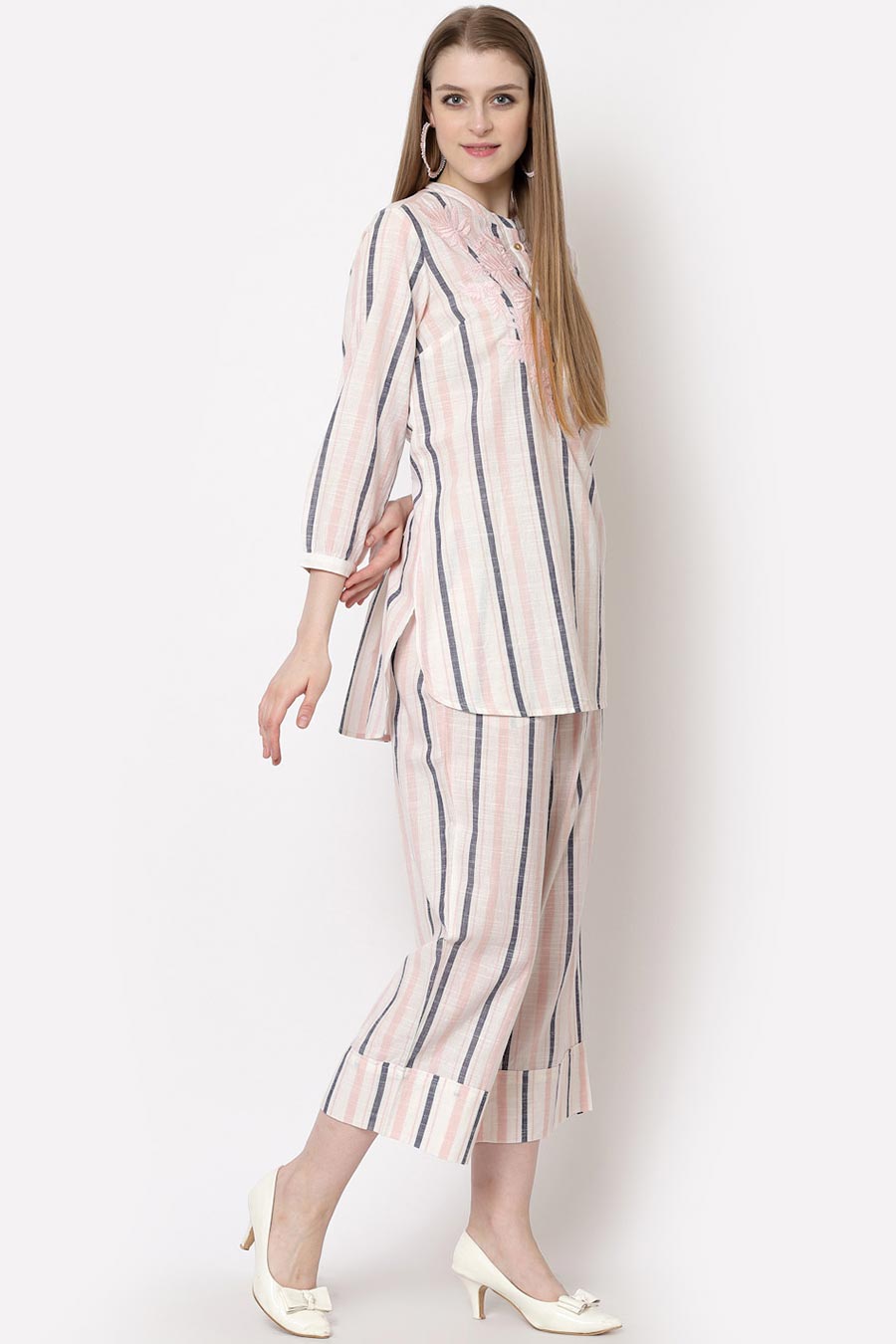 Pink Embroidered Striped Co-Ord Set