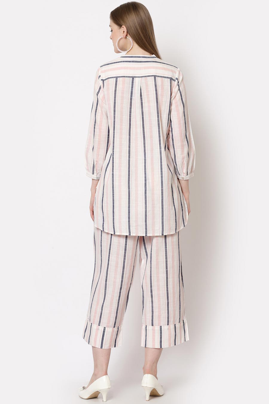 Pink Embroidered Striped Co-Ord Set