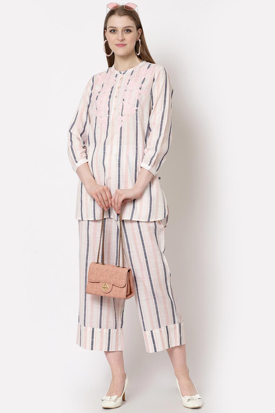 Pink Embroidered Striped Co-Ord Set