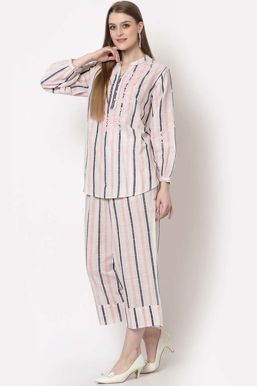 Pink Embroidered Striped Co-Ord Set