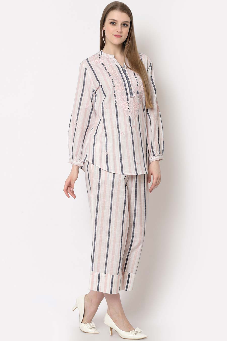 Pink Embroidered Striped Co-Ord Set