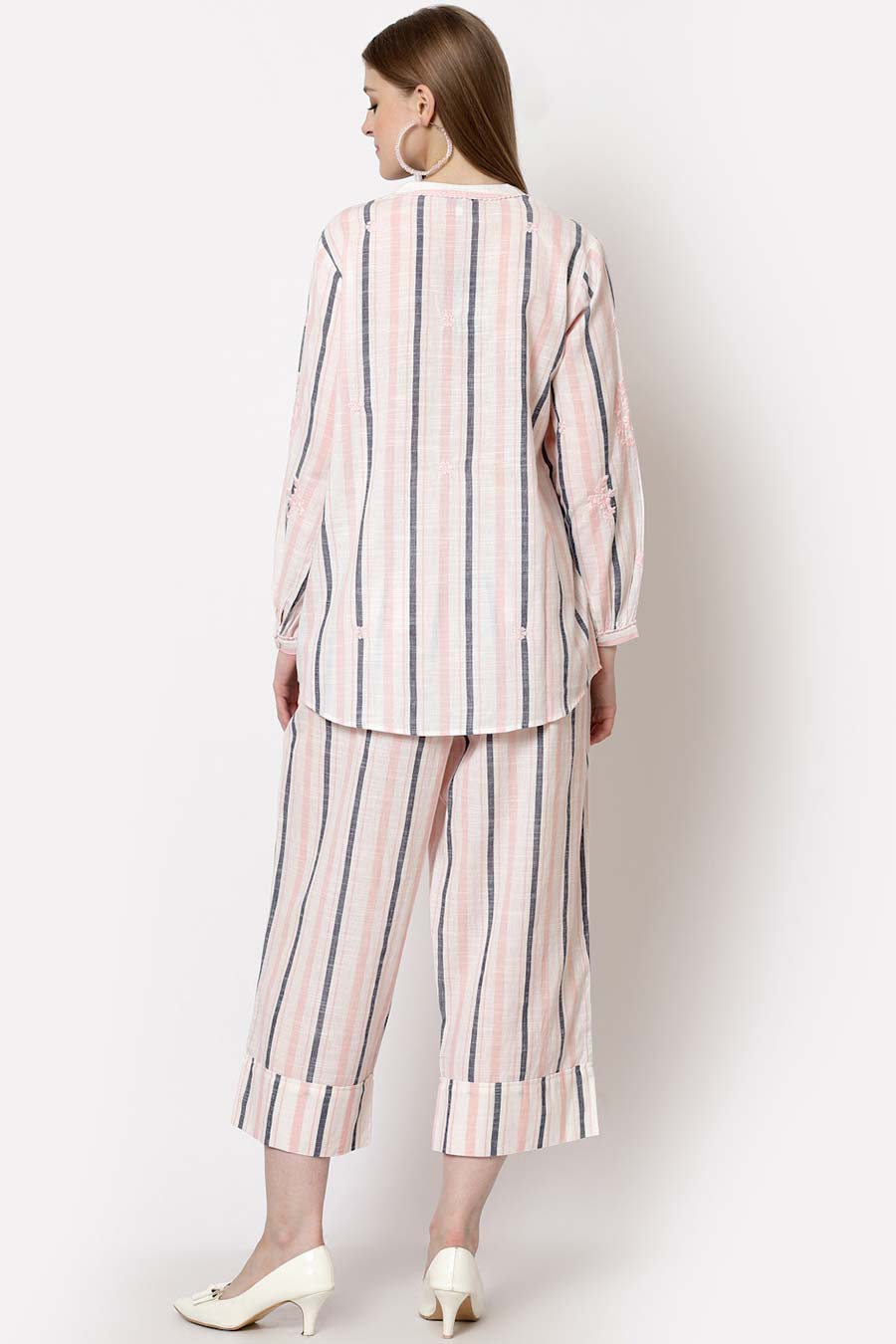 Pink Embroidered Striped Co-Ord Set