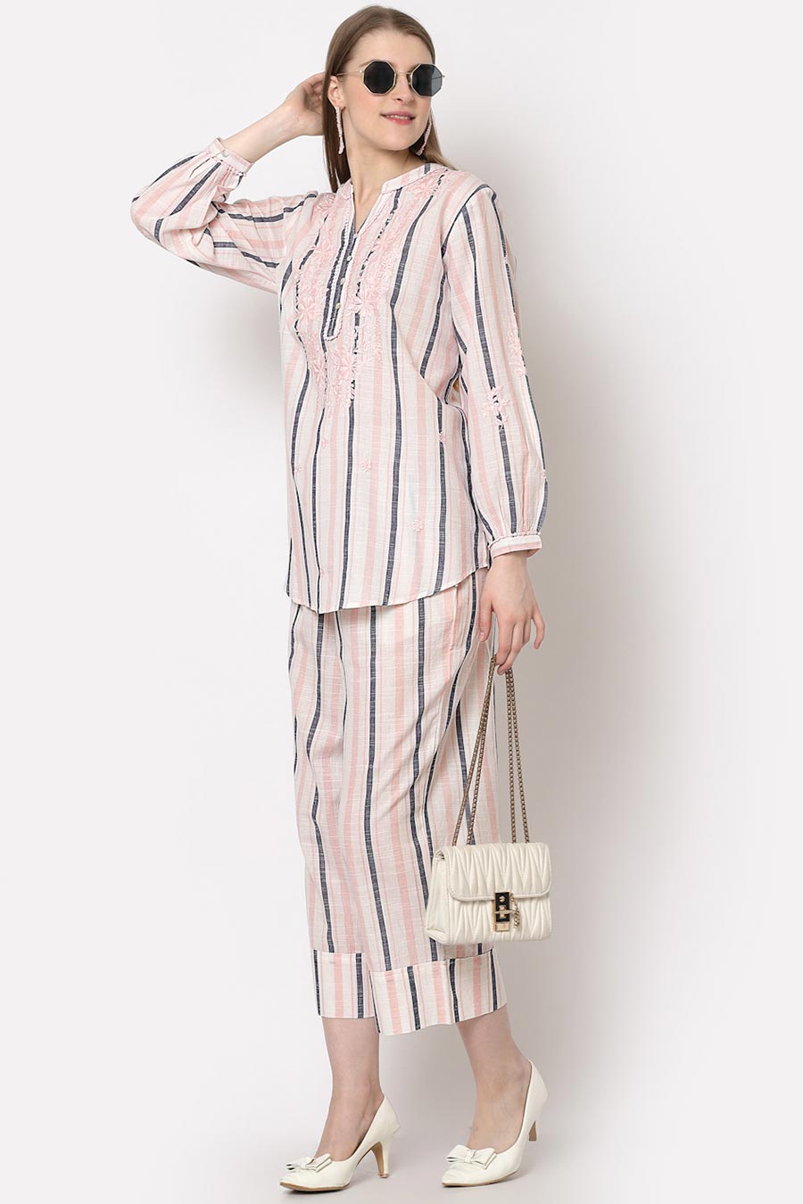 Pink Embroidered Striped Co-Ord Set