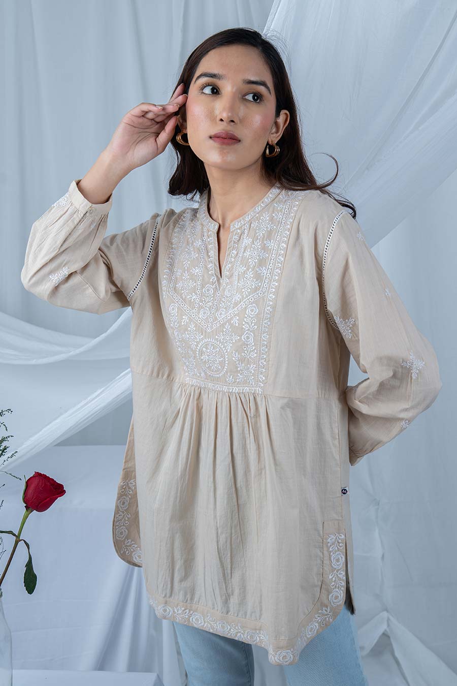Beige Cotton Embroidered Gathered Top