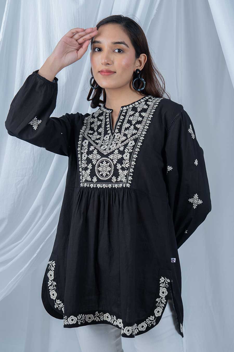 Black Cotton Embroidered Gathered Top