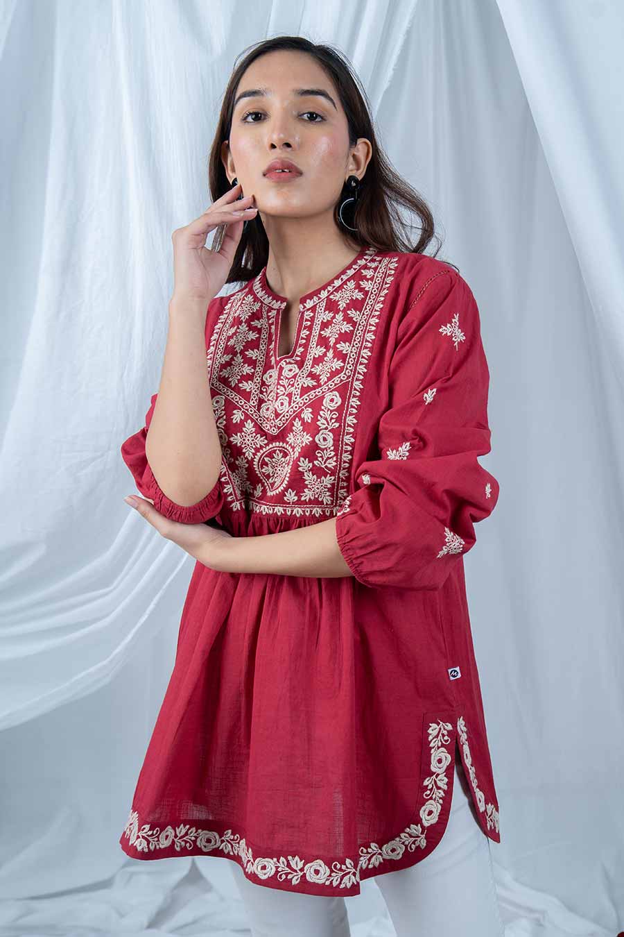 Red Cotton Embroidered Gathered Top