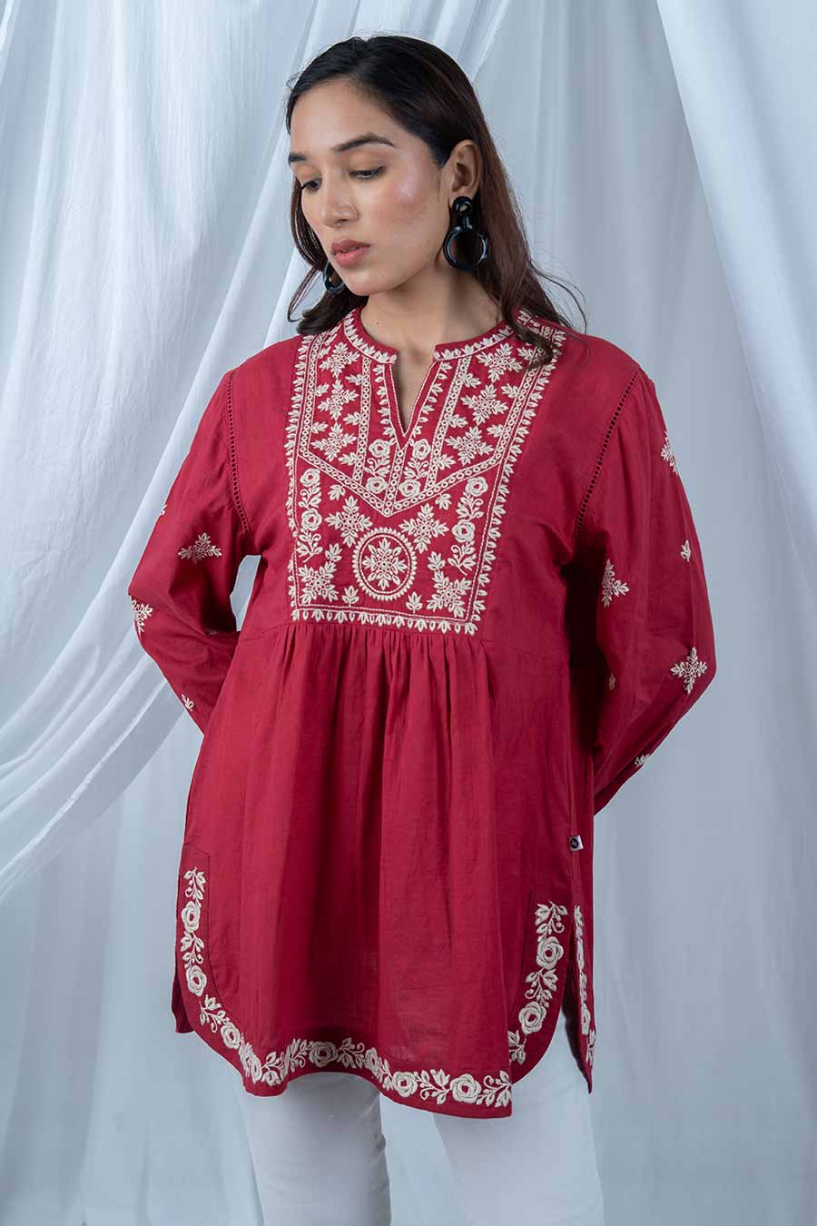 Red Cotton Embroidered Gathered Top