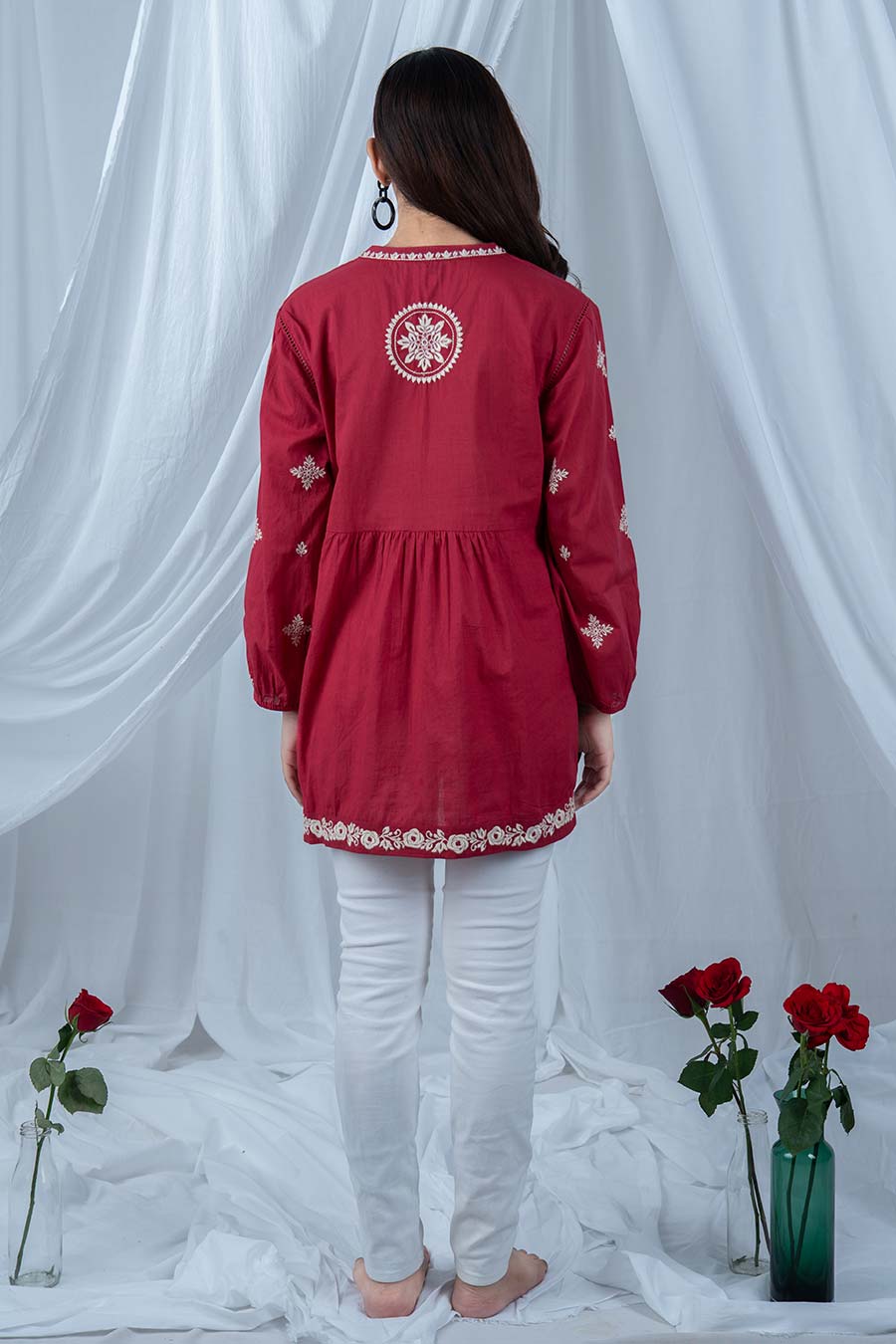 Red Cotton Embroidered Gathered Top