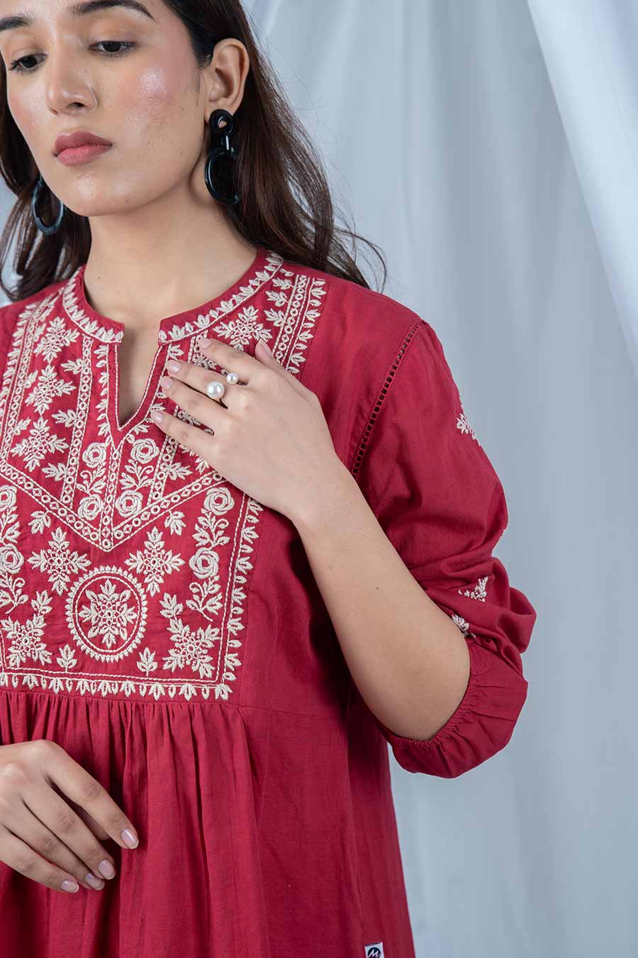 Red Cotton Embroidered Gathered Top