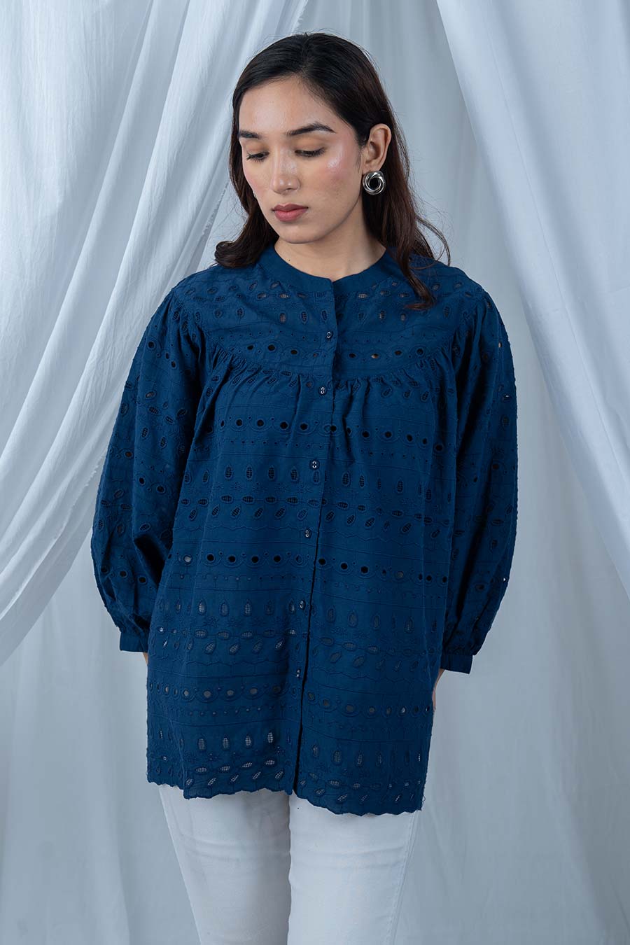 Navy Blue Cotton Embroidered Top