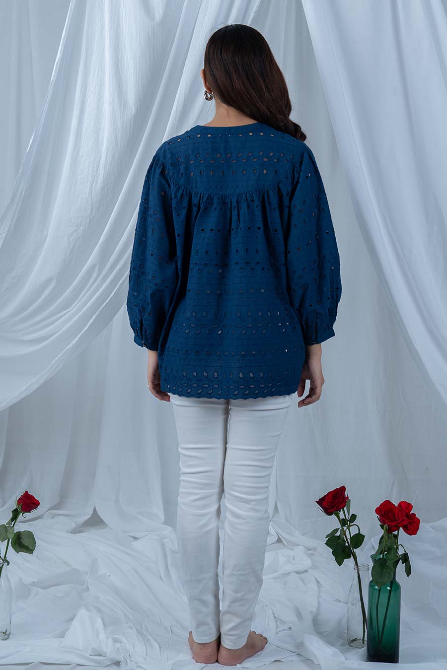 Navy Blue Cotton Embroidered Top