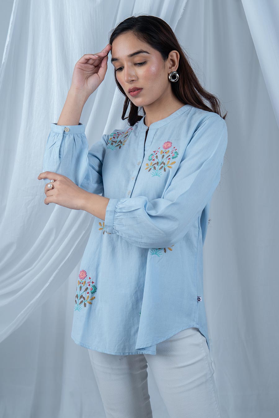 Blue Cotton Floral Embroidered Top