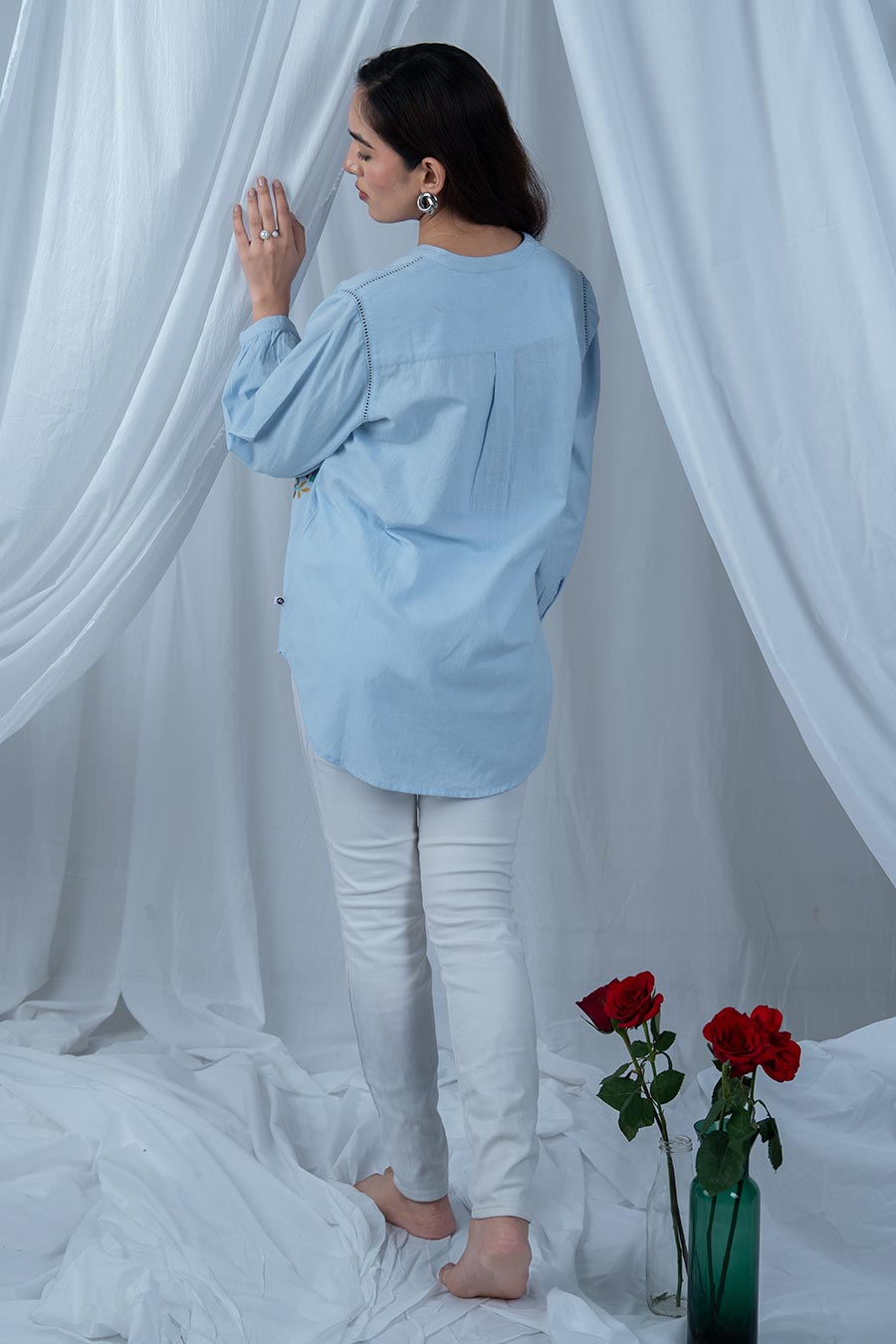 Blue Cotton Floral Embroidered Top