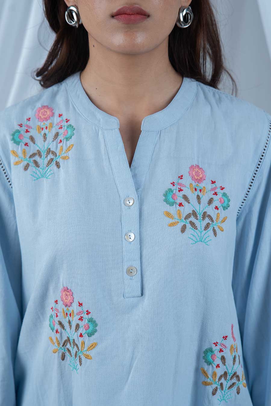Blue Cotton Floral Embroidered Top