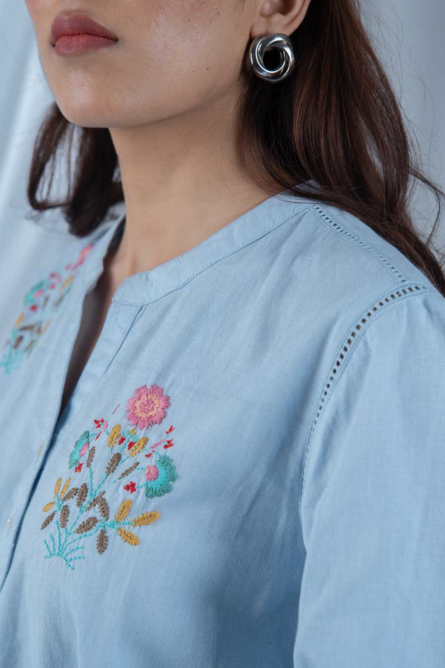 Blue Cotton Floral Embroidered Top