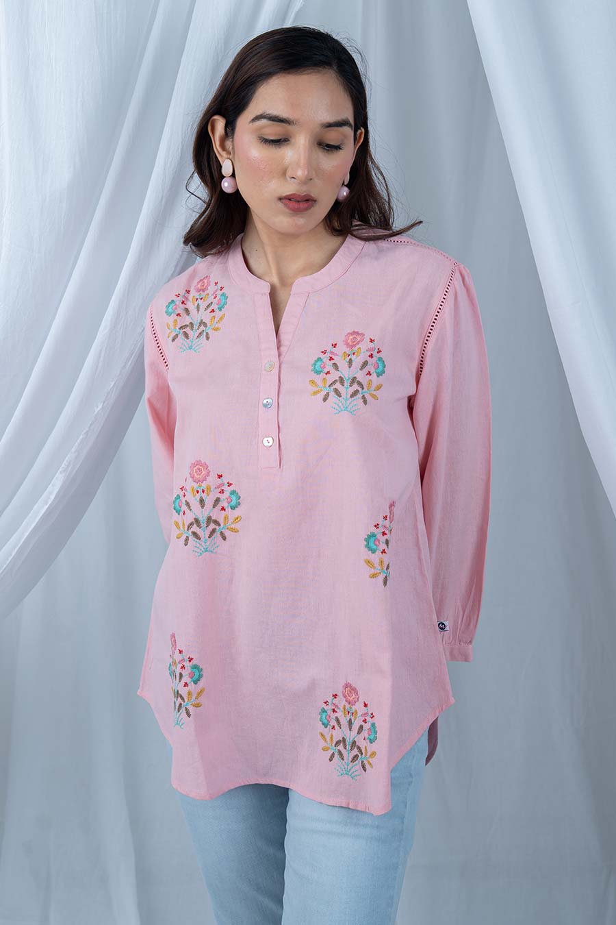 Pink Cotton Floral Embroidered Top
