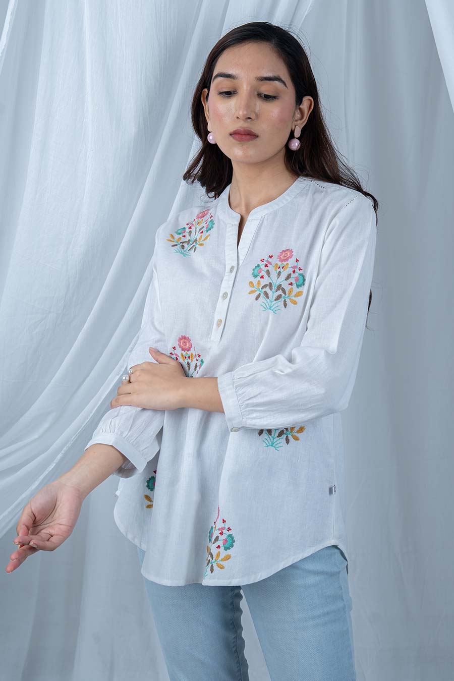 White Cotton Floral Embroidered Top