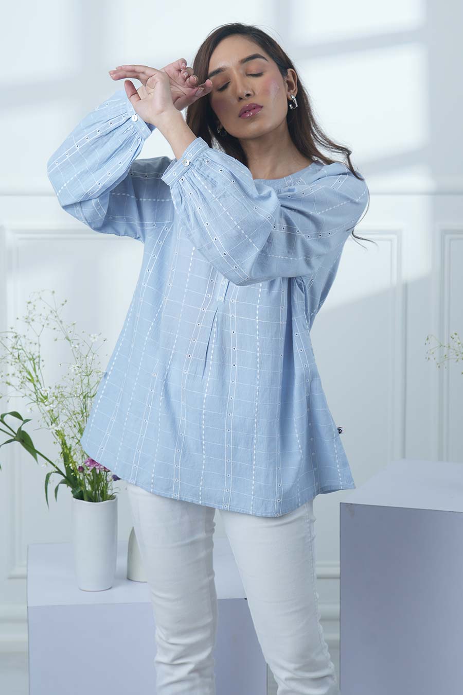 Blue Cotton Embroidered Gathered Neck Top
