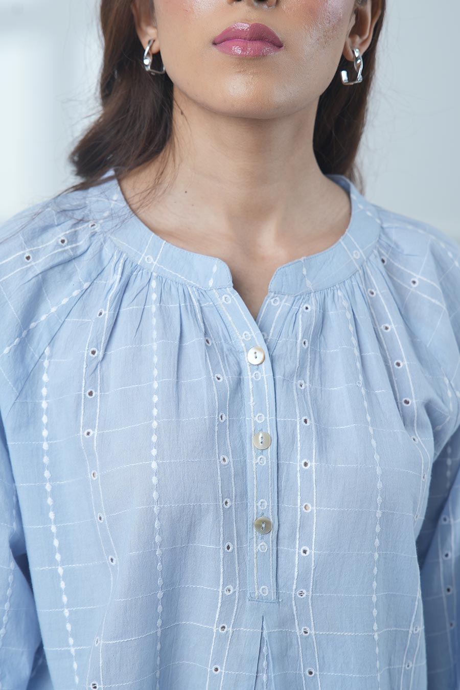 Blue Cotton Embroidered Gathered Neck Top