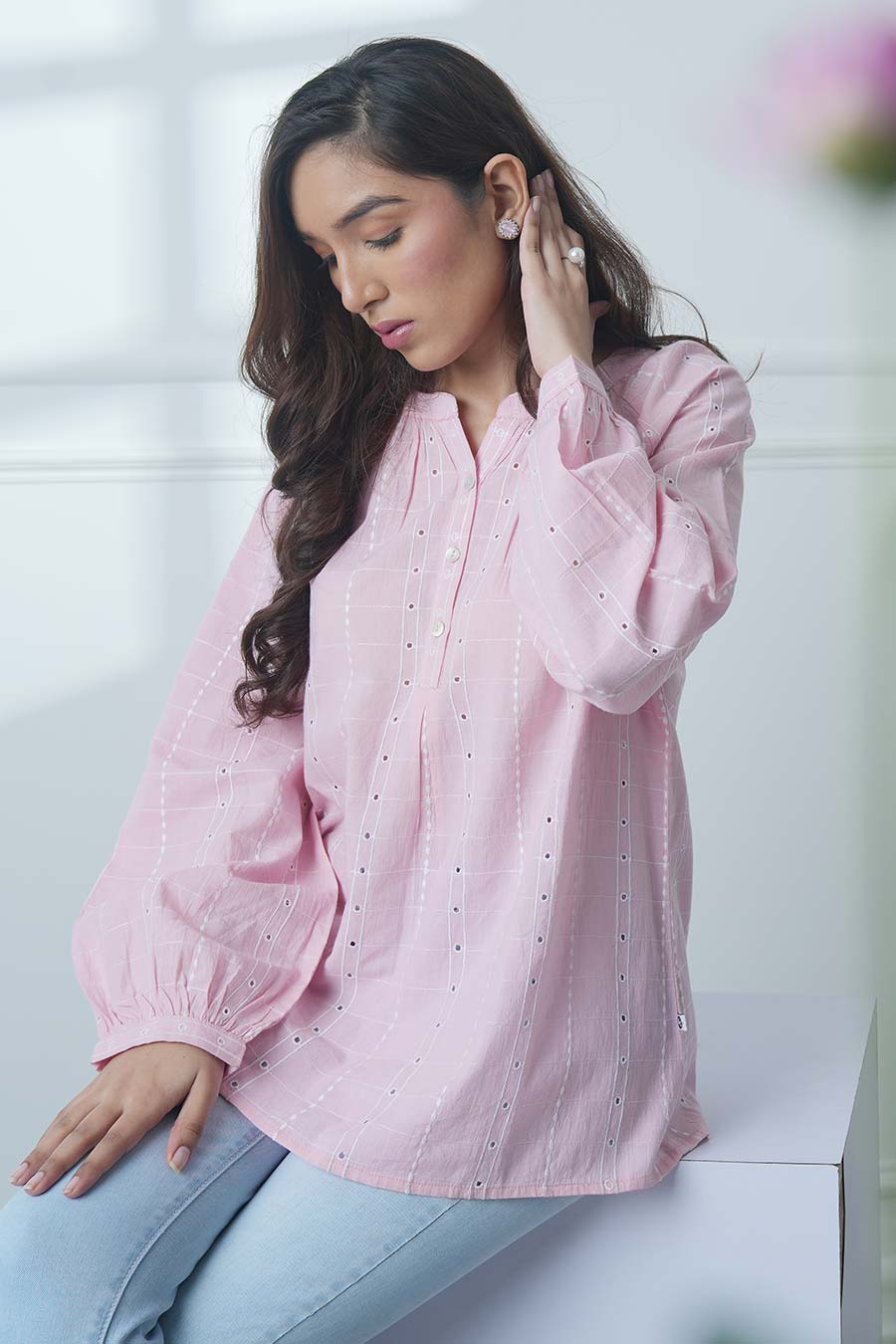 Pink Cotton Embroidered Gathered Neck Top