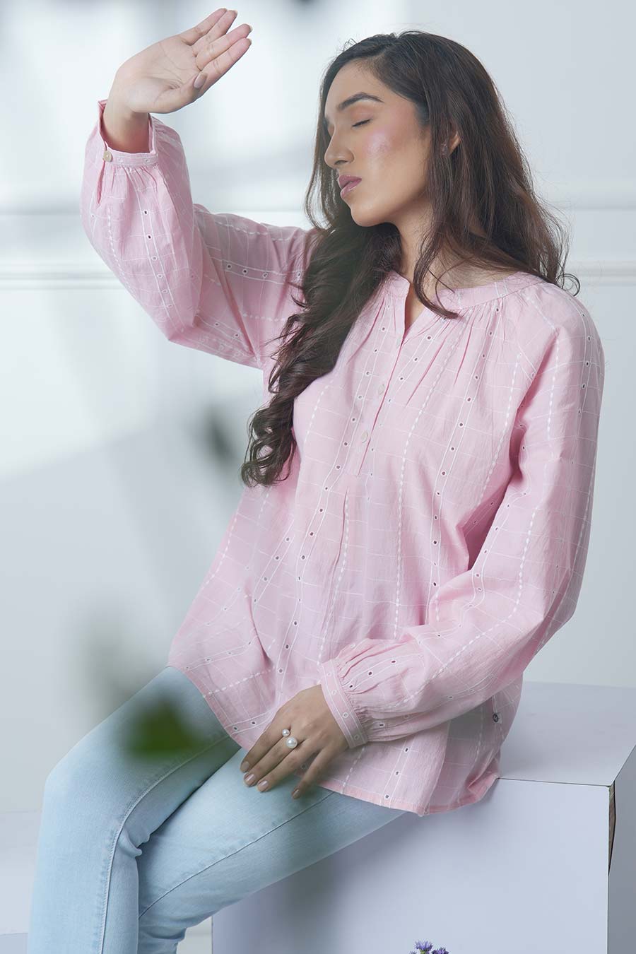 Pink Cotton Embroidered Gathered Neck Top