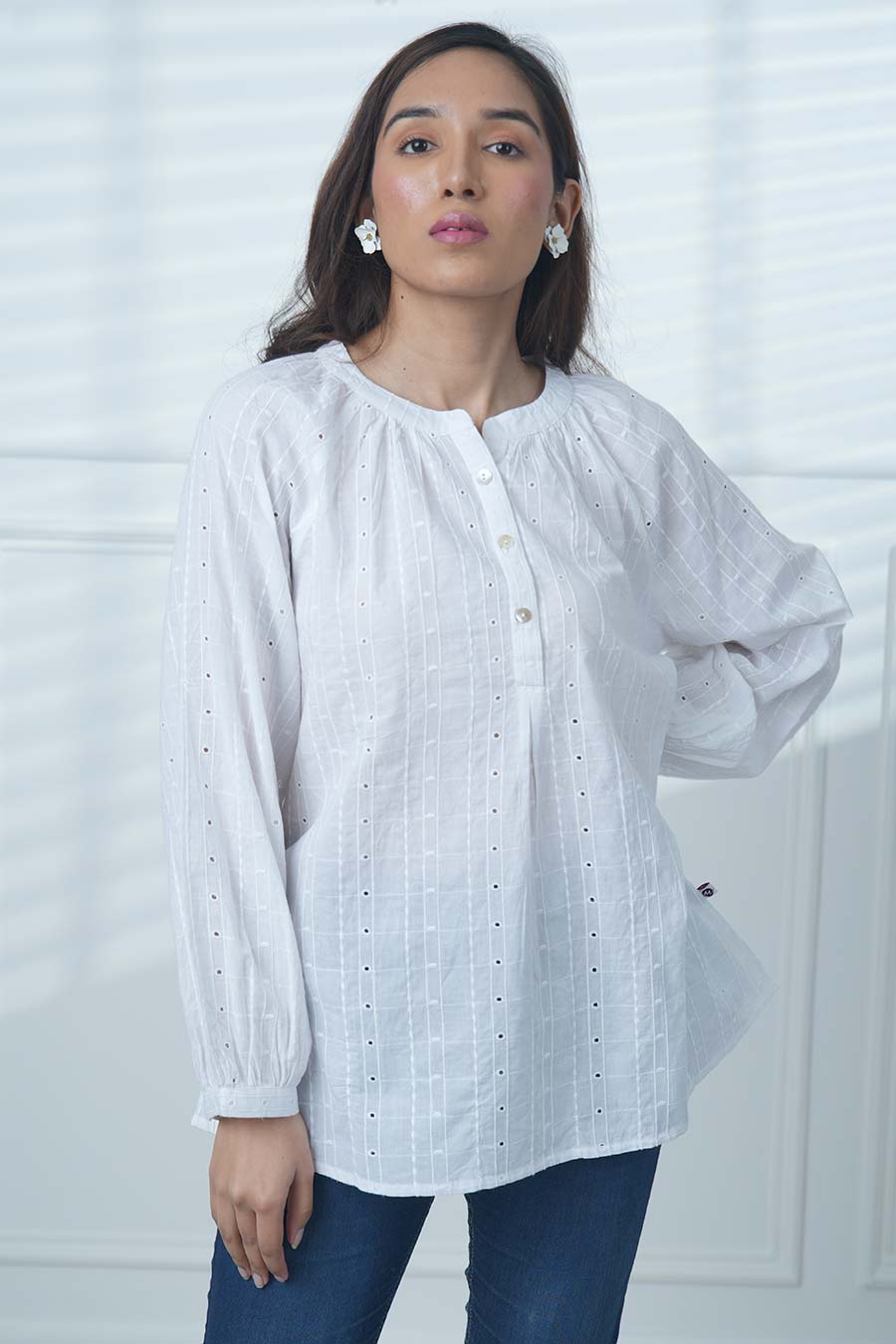 White Cotton Embroidered Gathered Neck Top