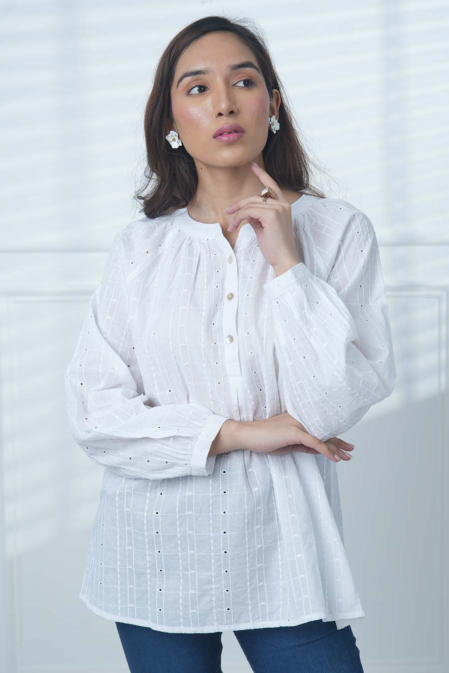 White Cotton Embroidered Gathered Neck Top