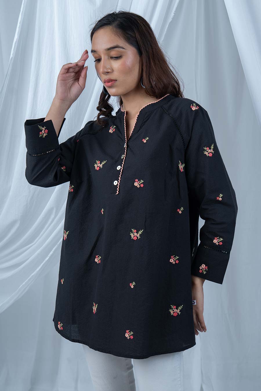 Black Cotton Floral Embroidered Top