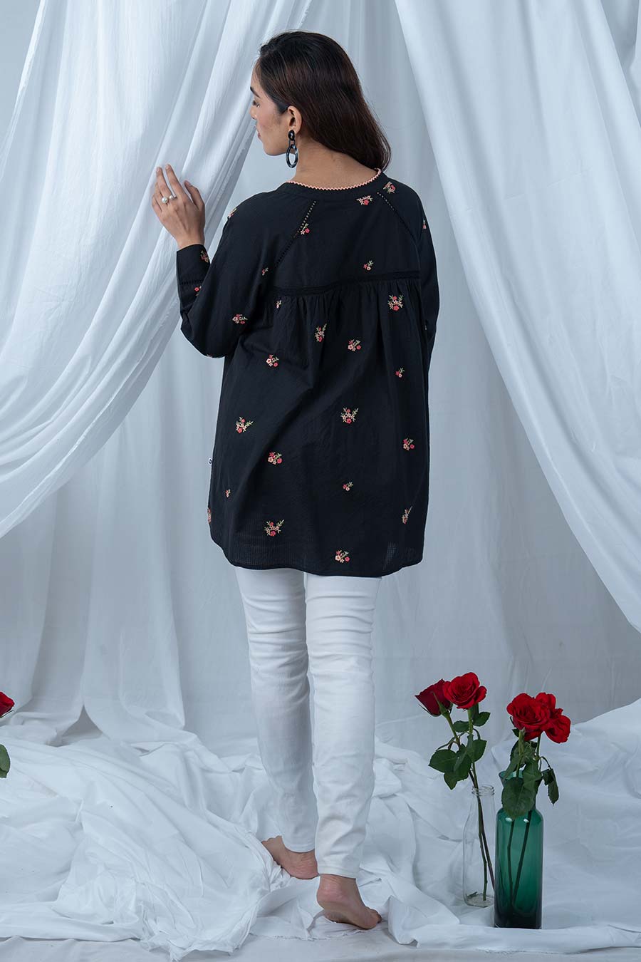 Black Cotton Floral Embroidered Top