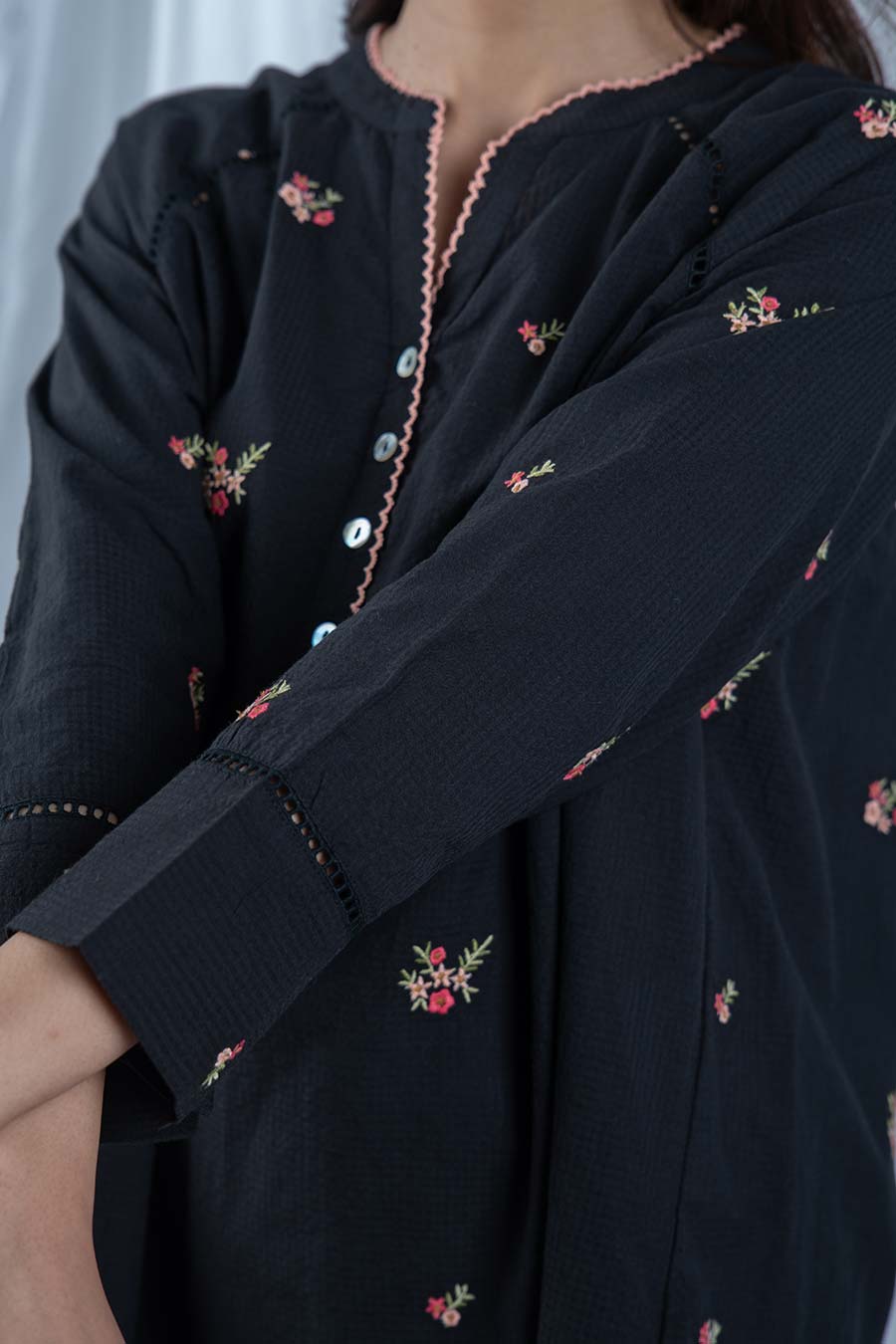 Black Cotton Floral Embroidered Top