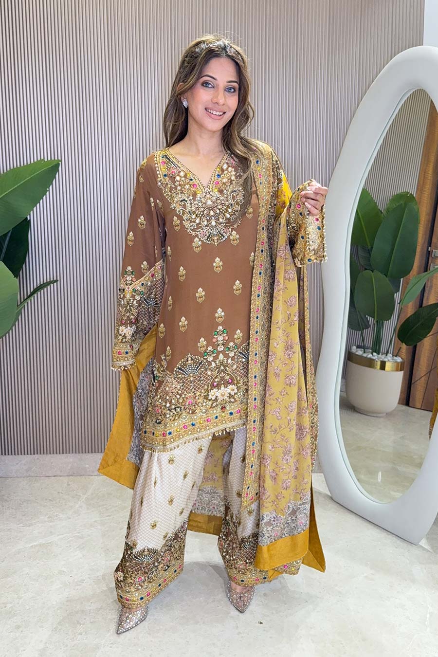 Rooh Brown-White Embellished Kurta Set With Dupatta