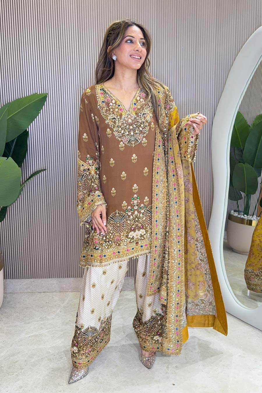 Rooh Brown-White Embellished Kurta Set With Dupatta