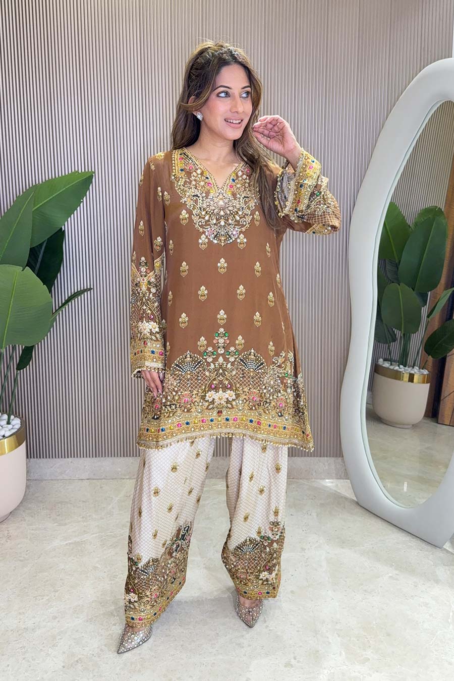 Rooh Brown-White Embellished Kurta Set With Dupatta