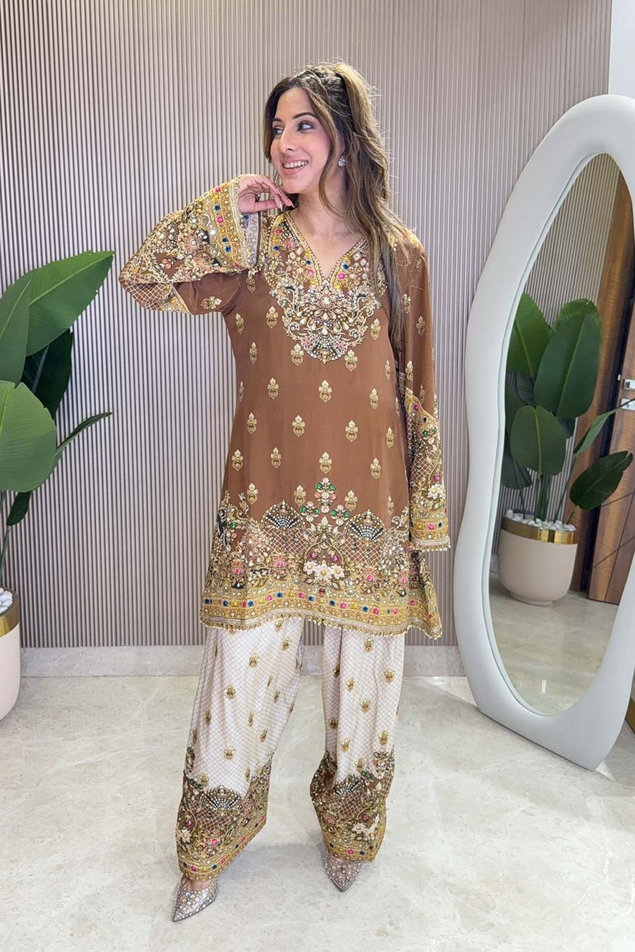 Rooh Brown-White Embellished Kurta Set With Dupatta