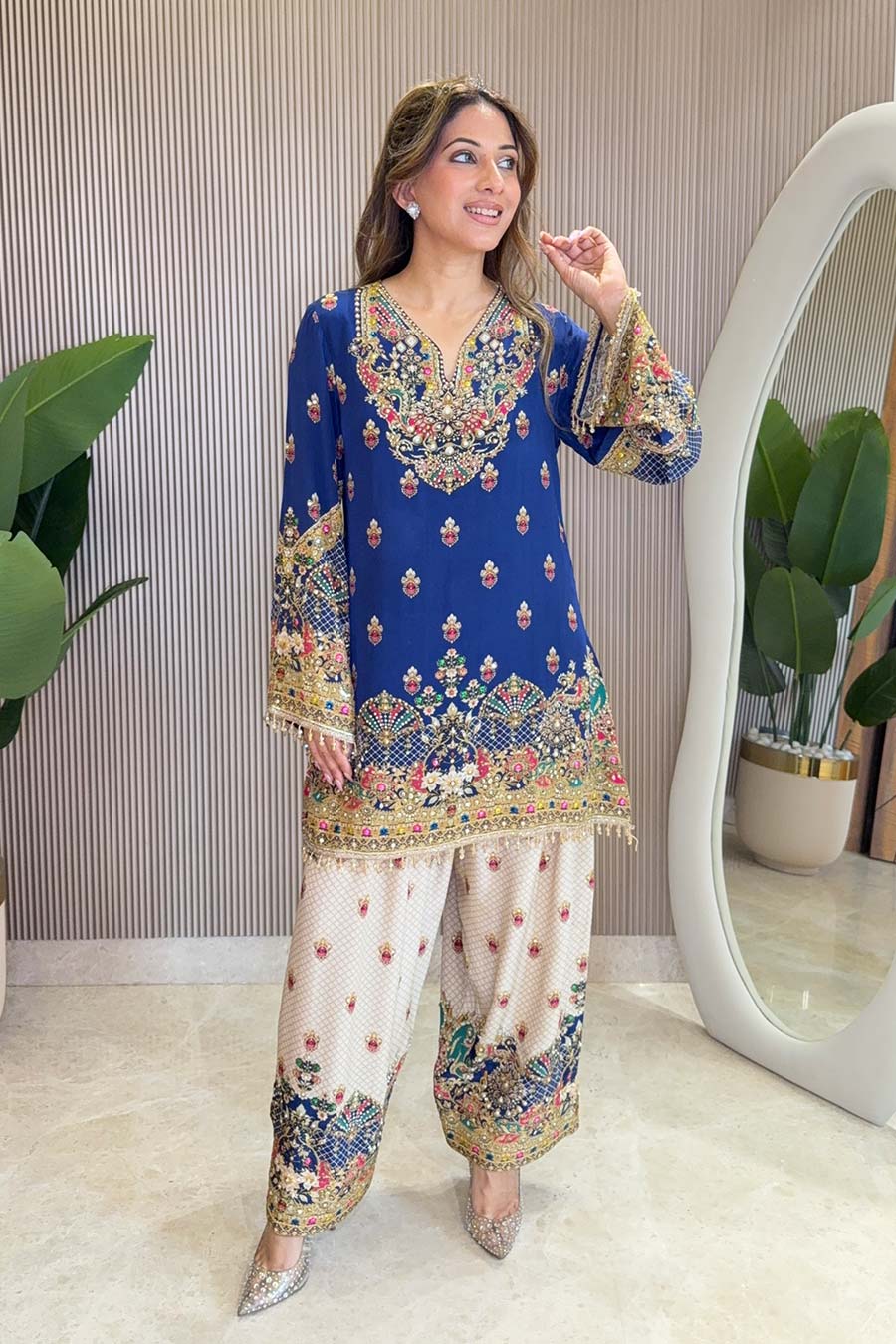 Rooh Blue-White Embellished Kurta Set With Dupatta