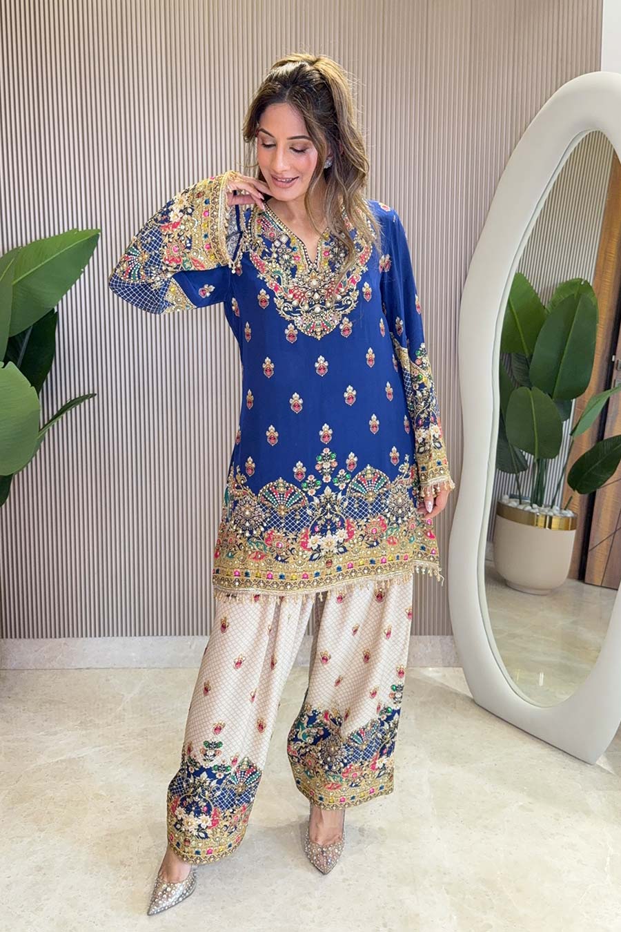 Rooh Blue-White Embellished Kurta Set With Dupatta