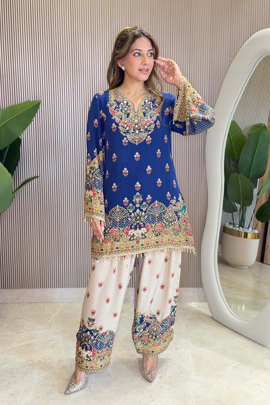 Rooh Blue-White Embellished Kurta Set With Dupatta