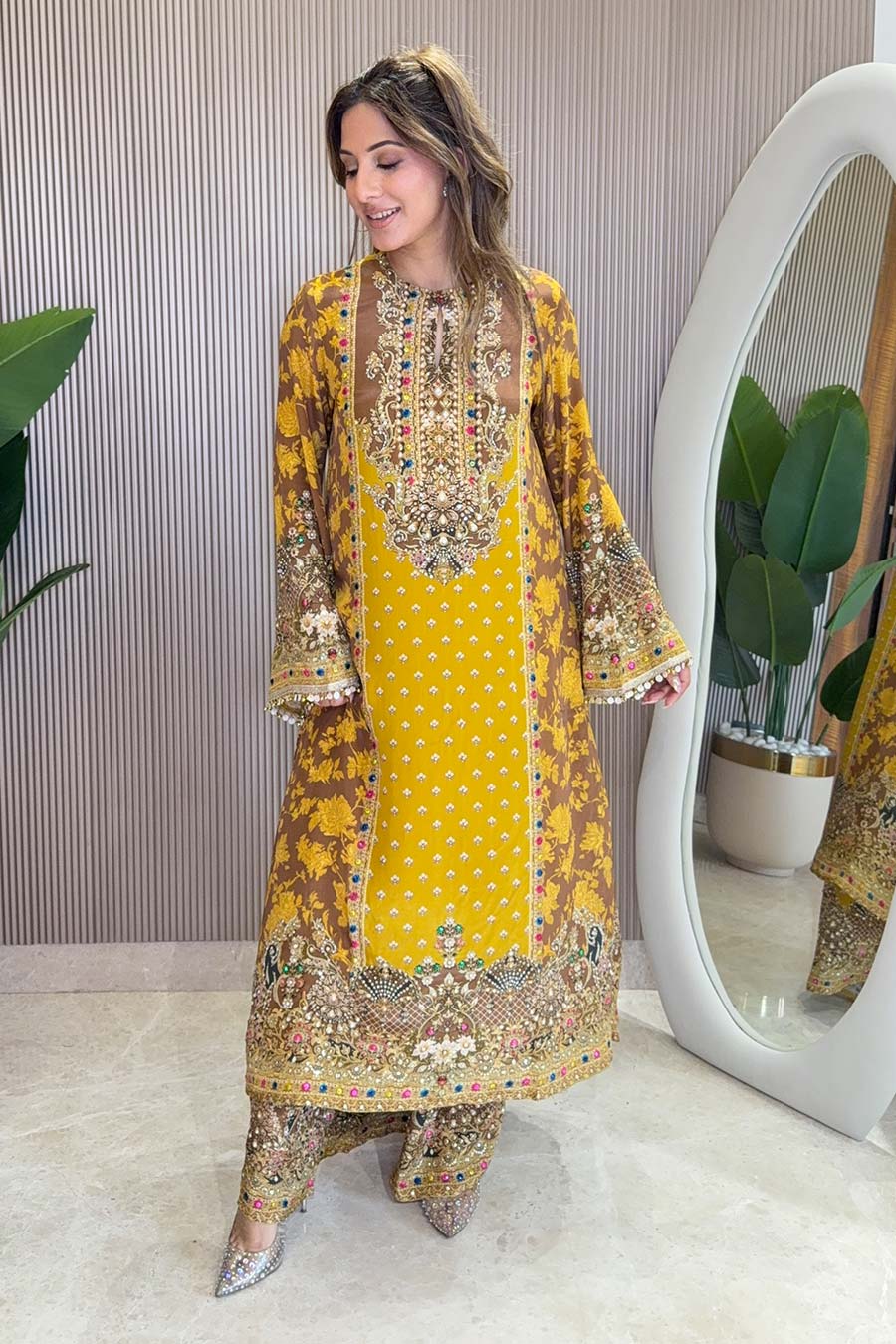Rooh Yellow Embellished Kurta & Palazzo Set With Dupatta