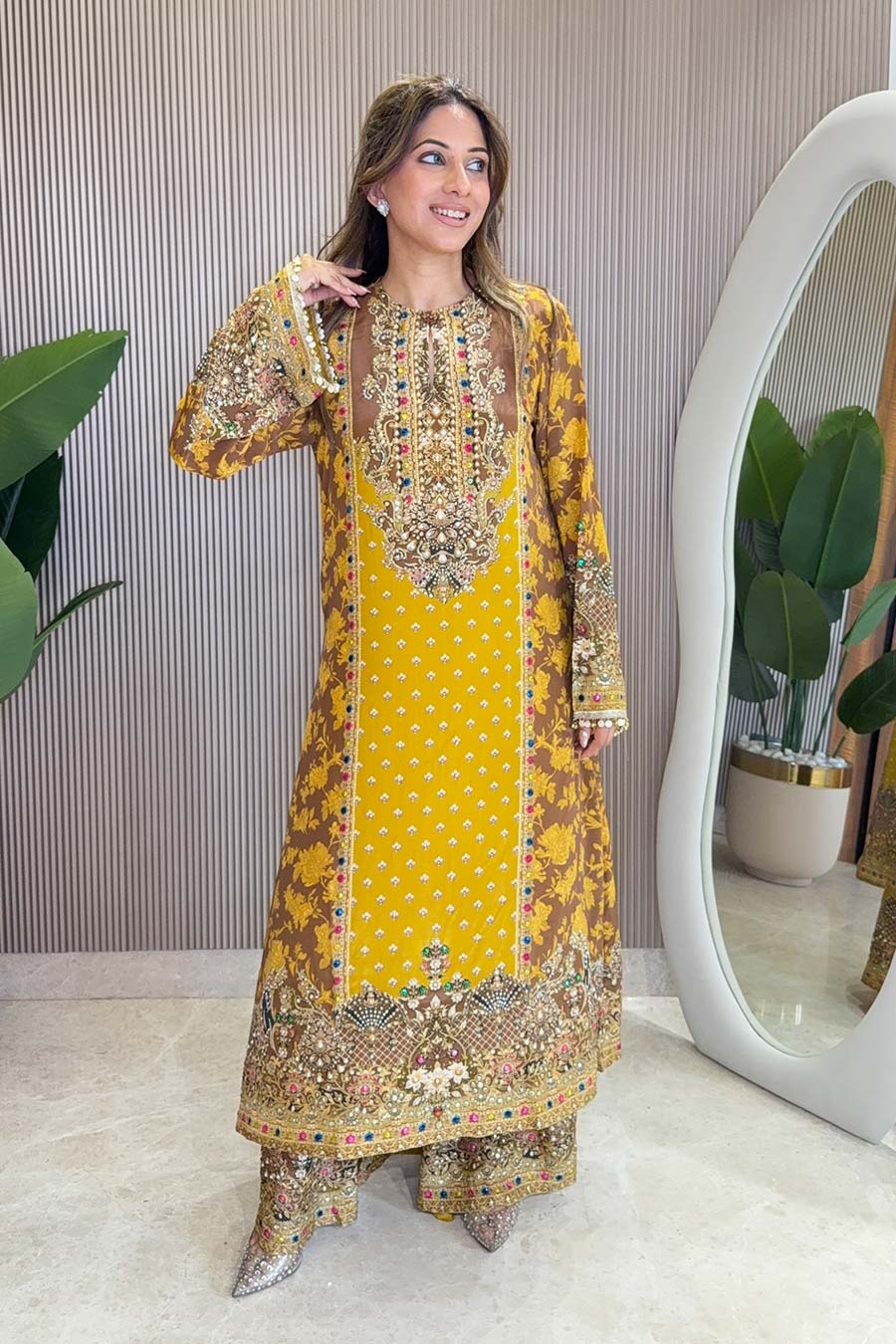 Rooh Yellow Embellished Kurta & Palazzo Set With Dupatta