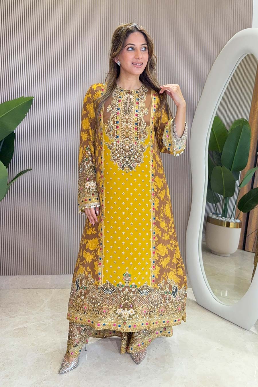 Rooh Yellow Embellished Kurta & Palazzo Set With Dupatta