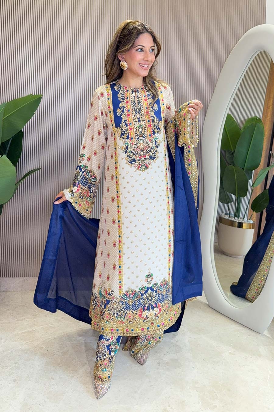 Rooh Off-White Embellished Kurta & Palazzo Set With Dupatta