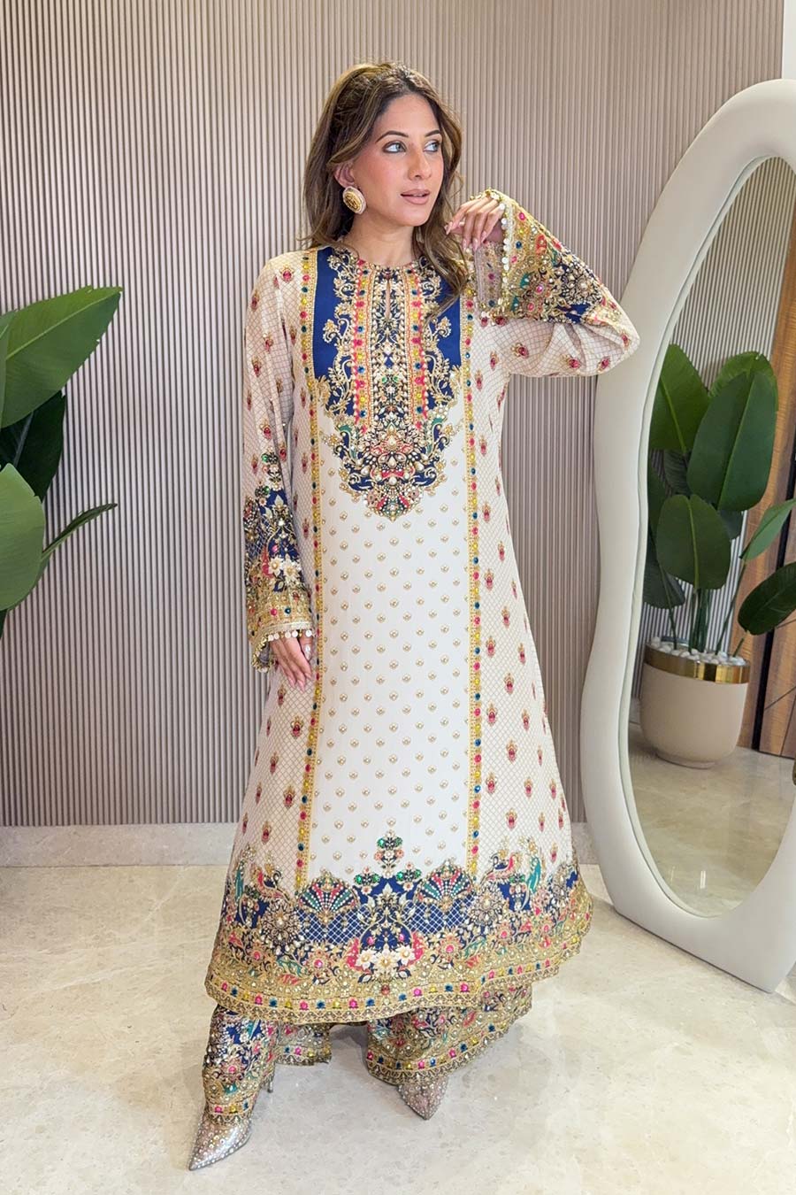 Rooh Off-White Embellished Kurta & Palazzo Set With Dupatta