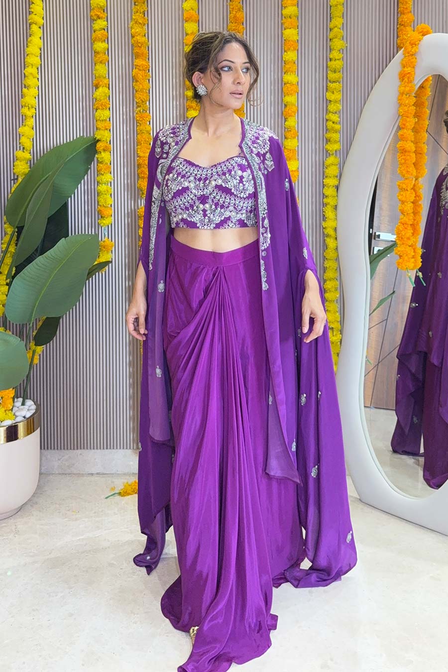 Zaira Printed Drape Skirt Set With Cape