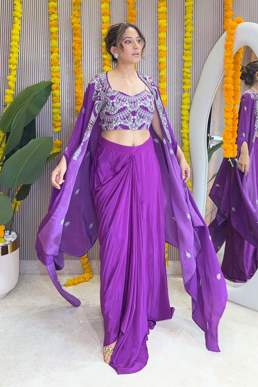 Zaira Printed Drape Skirt Set With Cape
