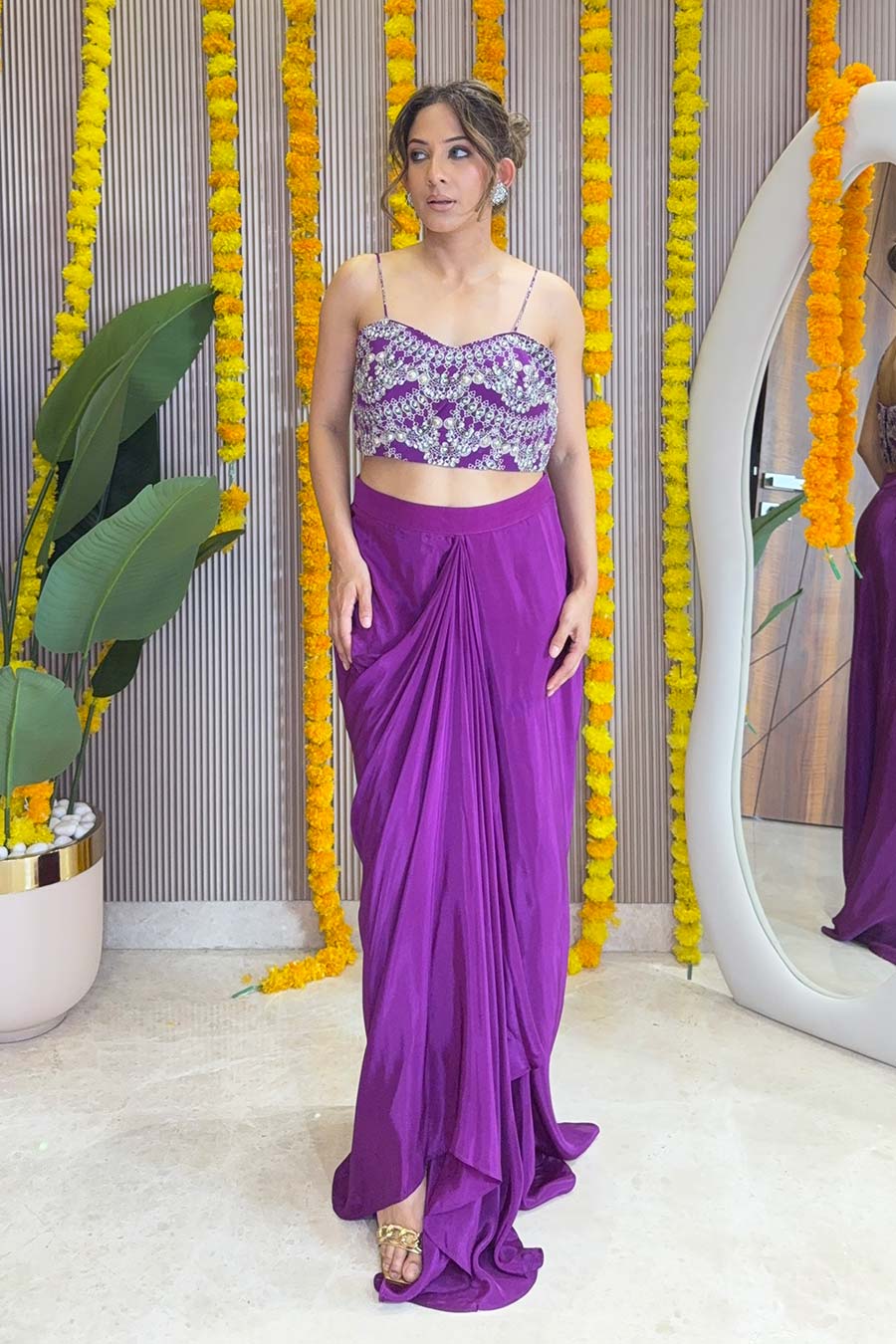 Zaira Printed Drape Skirt Set With Cape